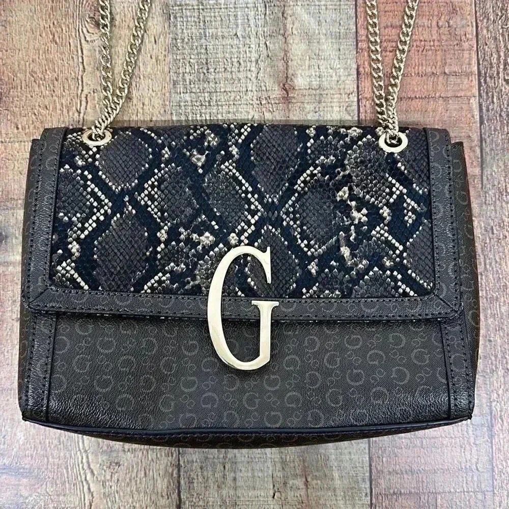 Guess Brown Logo Faux Snakeskin Crossbody Handbag - Picture 2 of 11